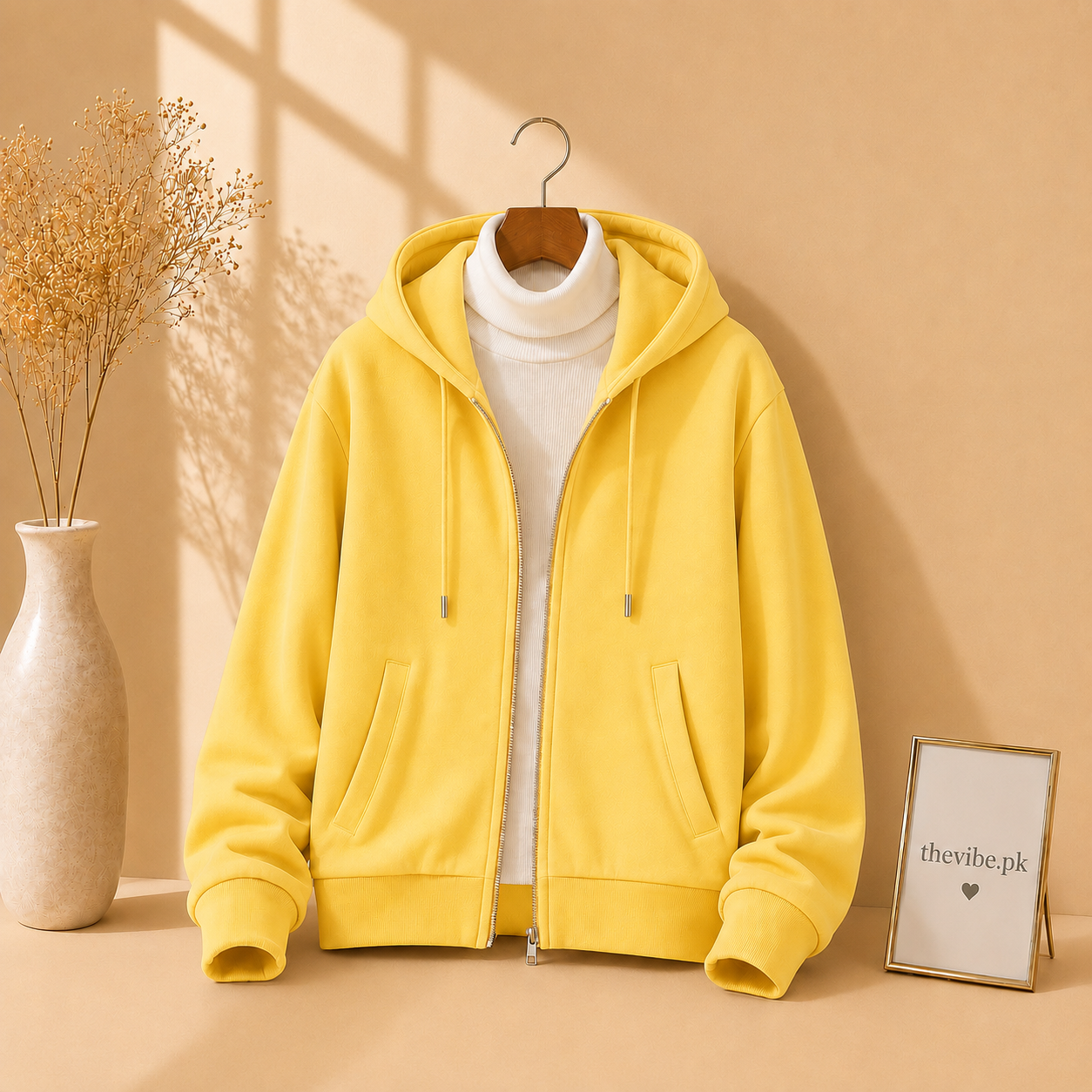 YELLOW ZIPPER HOODIE WITH WHITE HIGH NECK