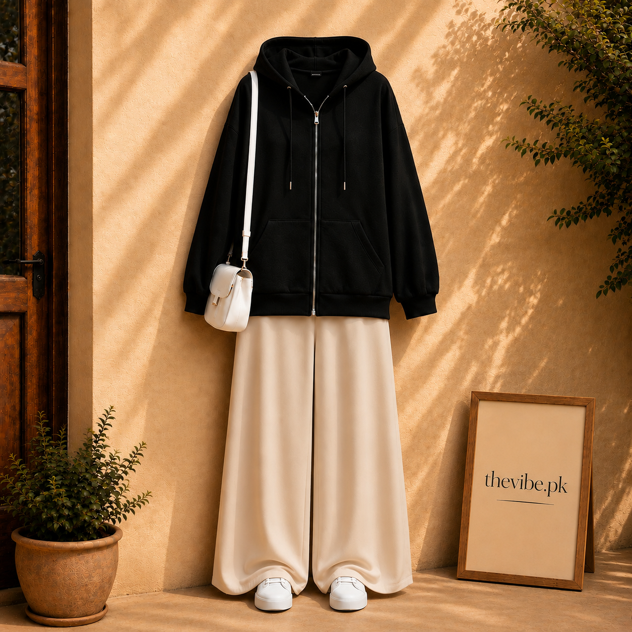 BLACK ZIP HOODIE WITH BEIGE FLAPPER