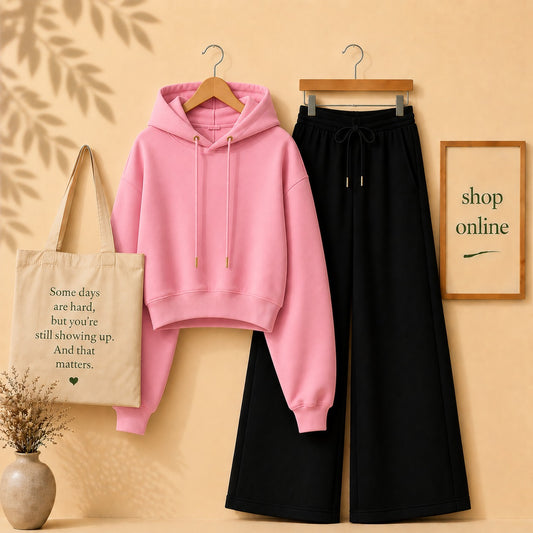 BASIC PINK CROP HOOD WITH BLACK FLAPPER
