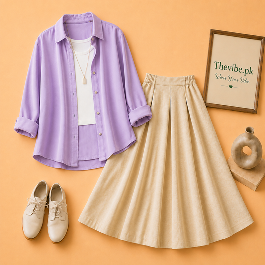 LILAC BUTTON DOWN SHIRT WITH WHITE TANKTOP AND BEIGE TWILL SHIRT