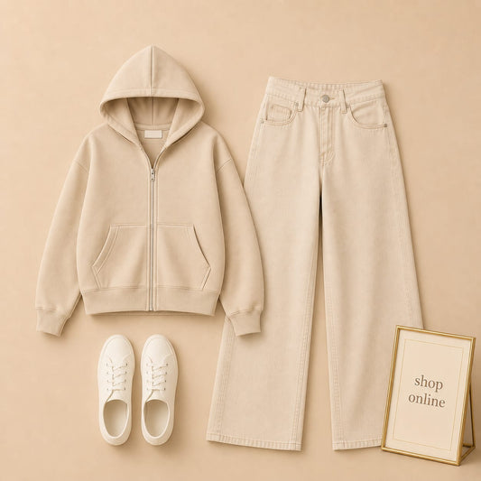 BEIGE ZIP HOODIE WITH BEIGE WIDE LEG JEANS