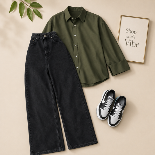OLIVE GREEN BROWN BUTTON DOWN SHIRT WITH BLACK WIDE LAG JEANS