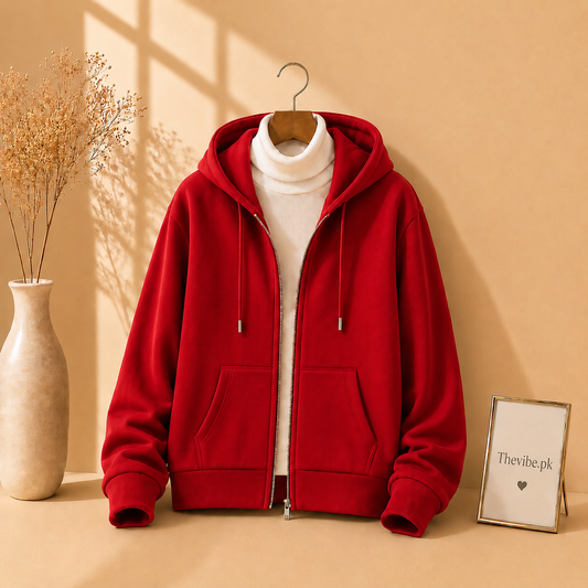 RED ZIPPER HOODIE WITH WHITE HIGH NECK