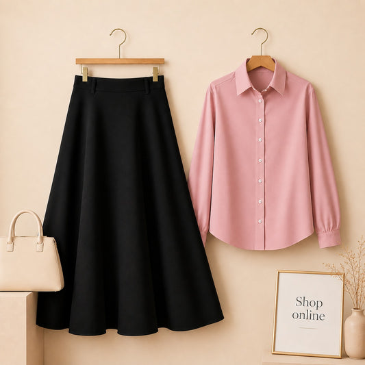 PINK BUTTON DOWN WITH BLACK COTTON TWILL SKIRT