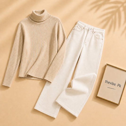 BEIGE RIBKNIT HIGH NACK WITH WHITE WIDE LEG JEANS