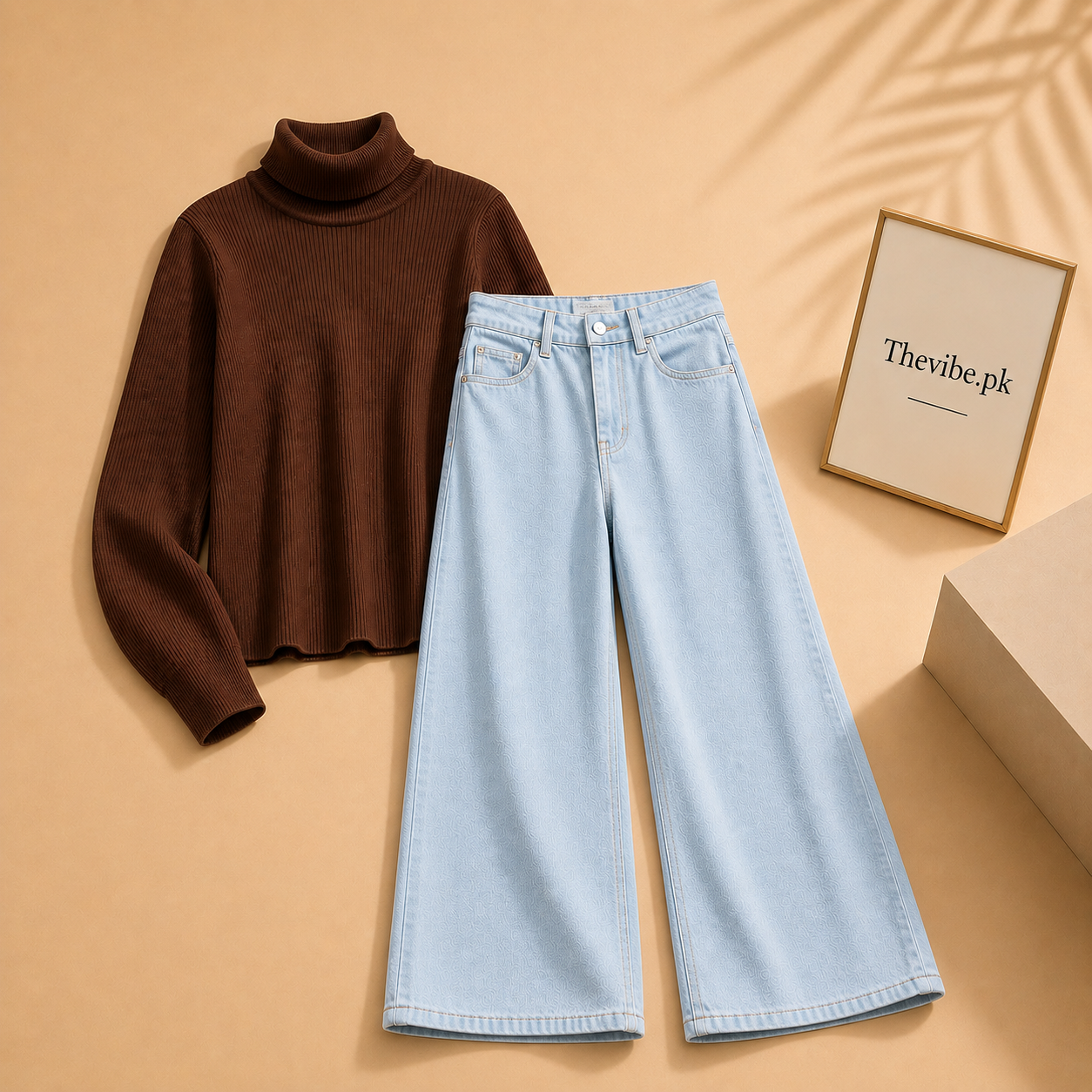 BROWN RIBKNIT HIGH NACK WITH ICE BLUE WIDE LEG JEANS