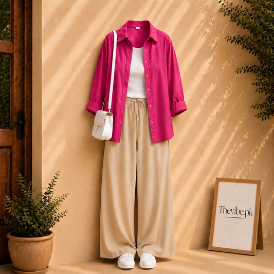 HOT PINK BUTTON DOWN SHIRT WITE WHITE TANK TOP AND BEIGE FLAPPER