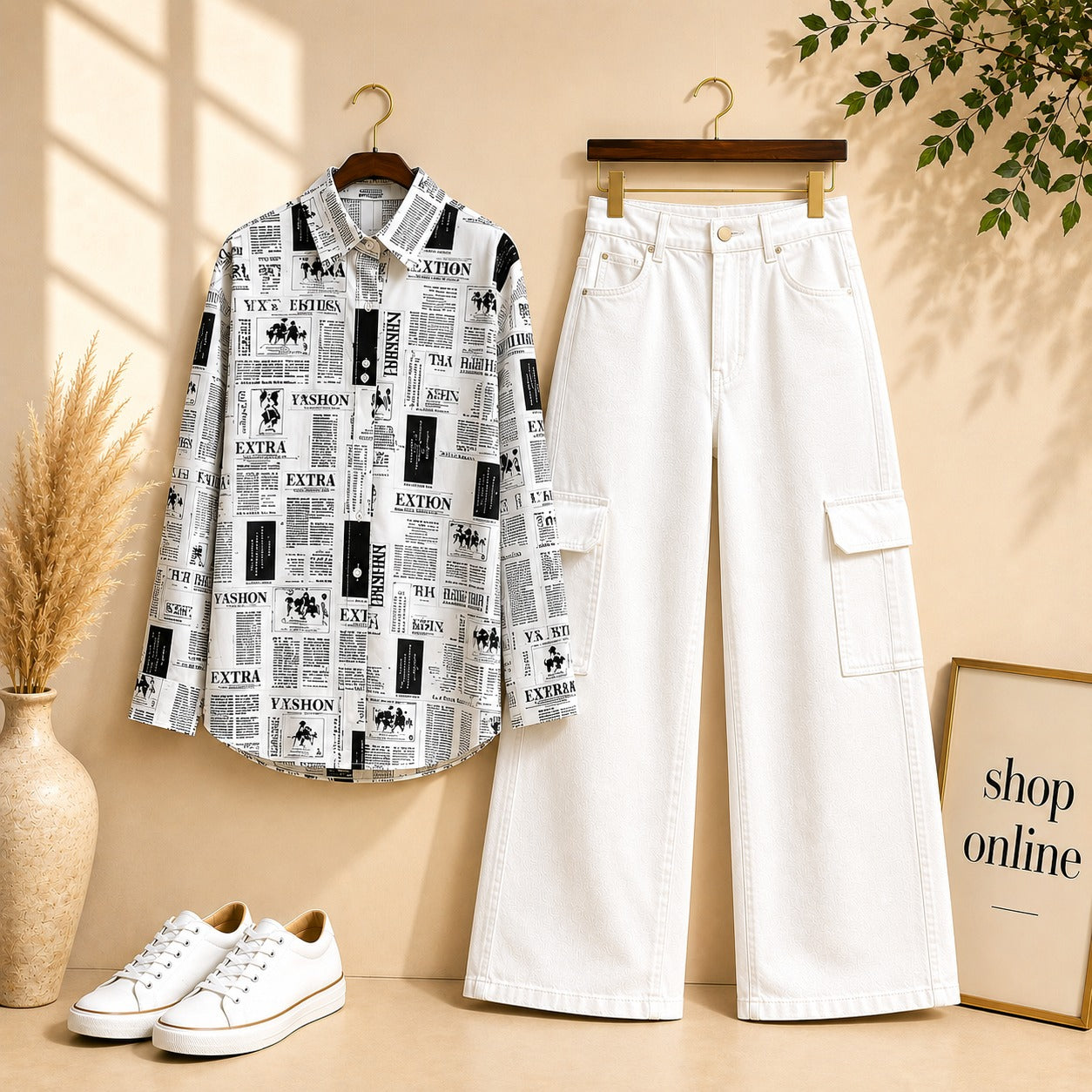 NEWS PAPER  BUTTON SHIRT WITH WHITE CARGO JEANS