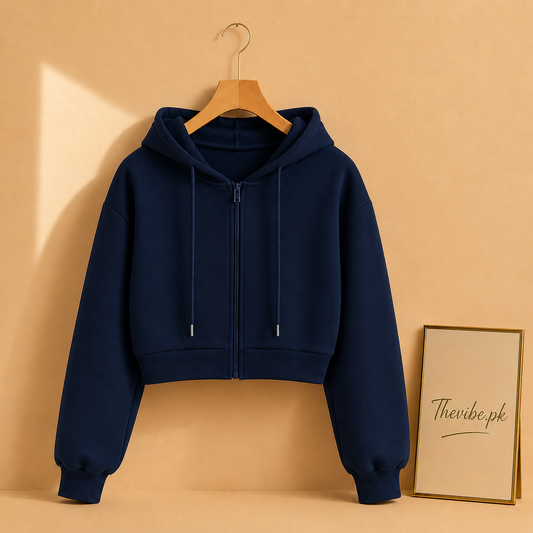 BASIC NAVY BLUE CROP ZIPPER HOOD