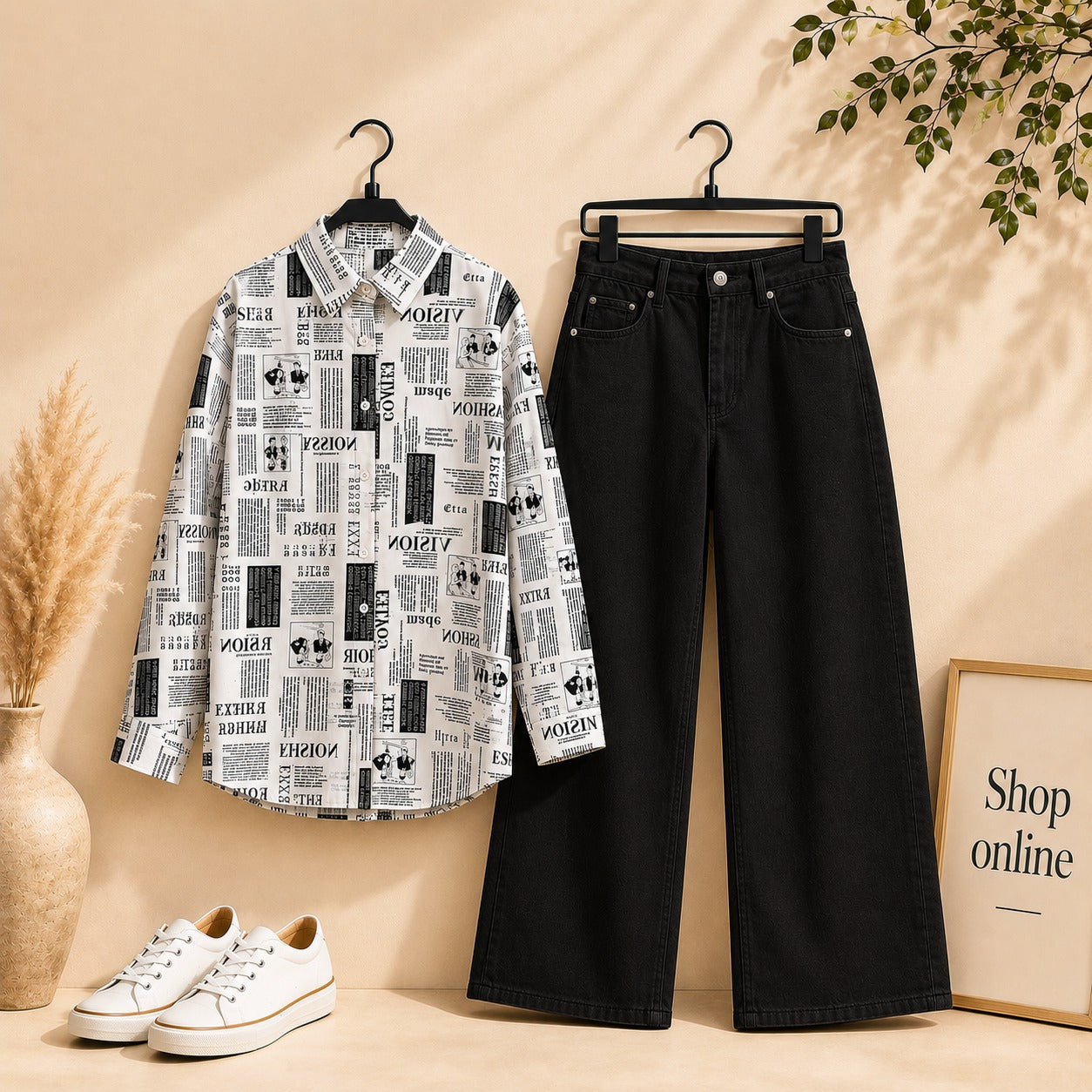 NEWS PAPER  BUTTON SHIRT WITH BLACK WIDE LAG JEANS