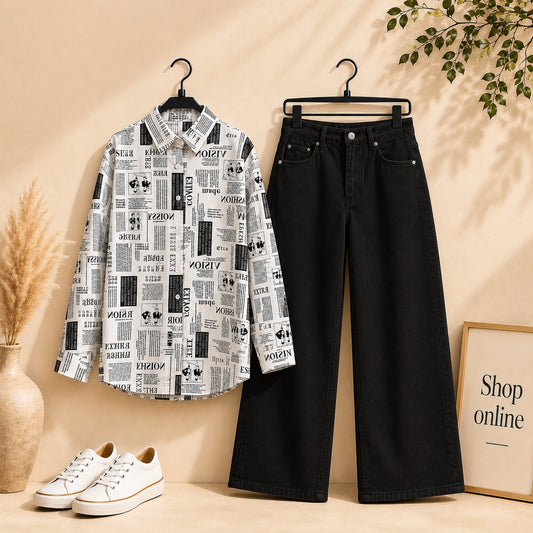 NEWS PAPER  BUTTON SHIRT WITH BLACK WIDE LAG JEANS
