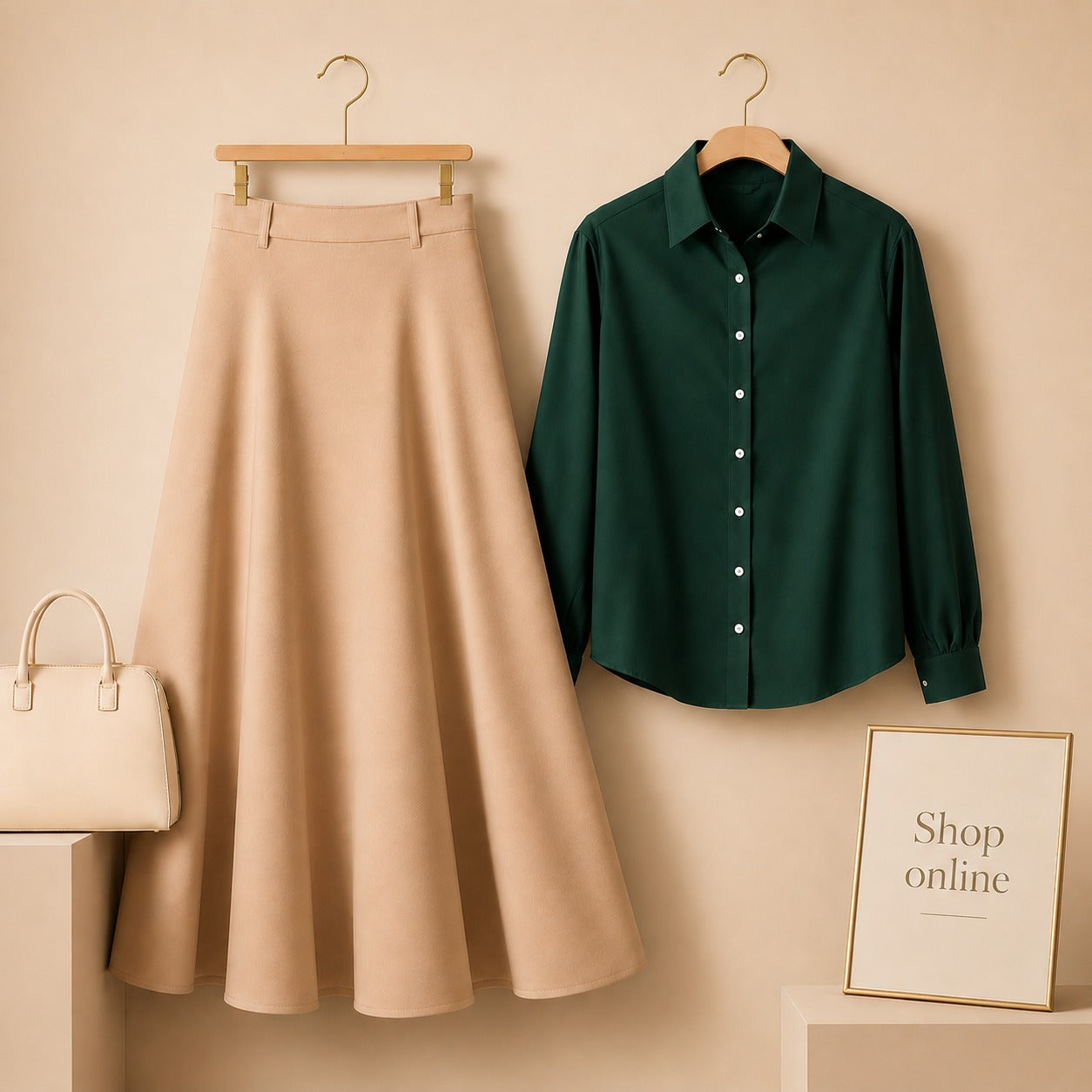 BOTTLE GREEN BUTTON DOWN WITH BEIGE COTTON TWILL SKIRT