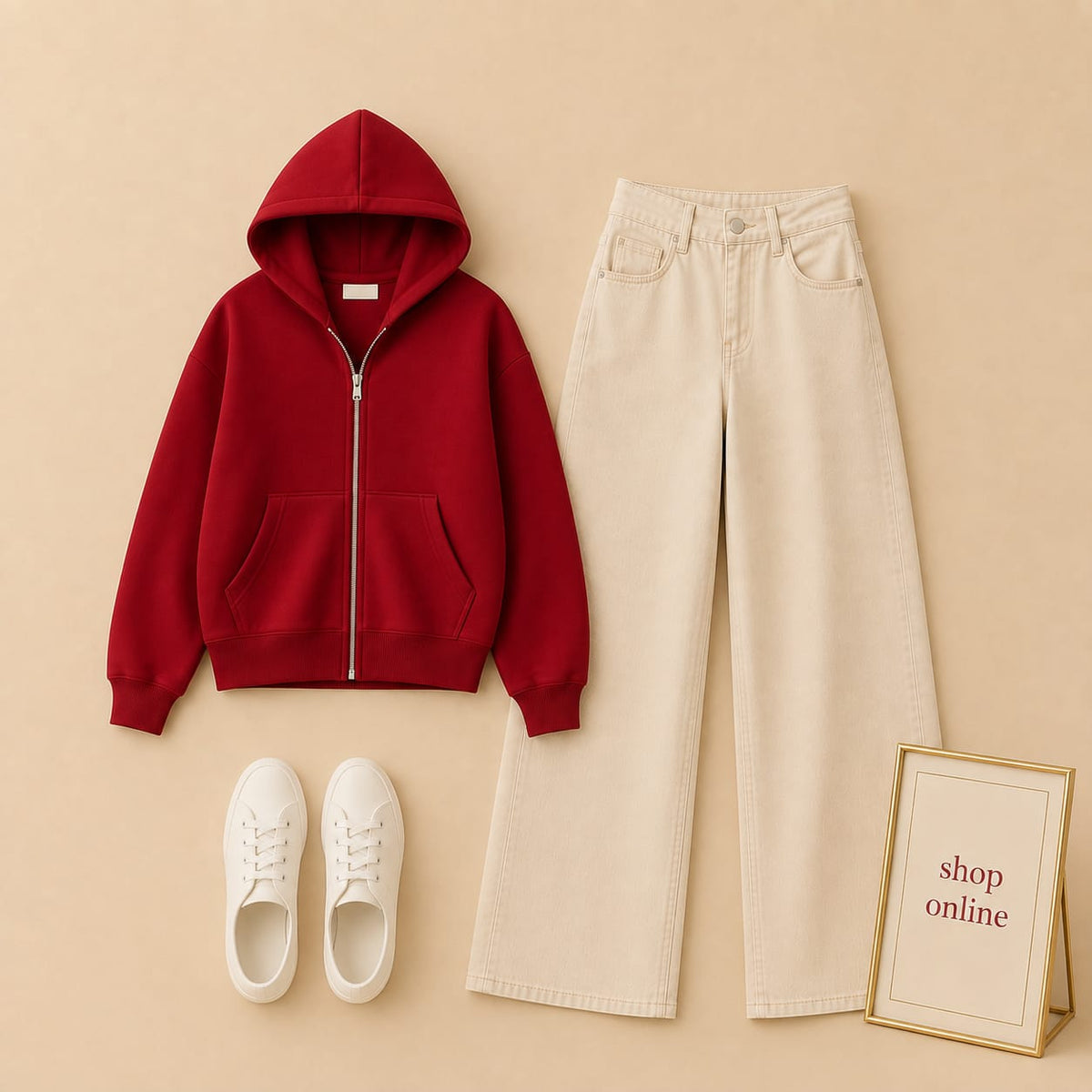RED ZIP HOODIE WITH BEIGE WIDE LEG JEANS