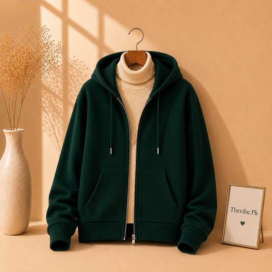 BOTTLE GREEN ZIPPER HOODIE WITH BEIGE HIGH