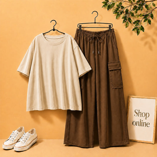 BEIGE DROP SHOULDER TEE SHIRT WITH DARK BROWN CARGO TROUSER