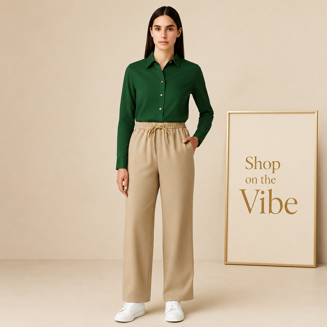 BOTTLE GREEN BUTTON DOWN SHIRT WITH BEIGE FLAPPER