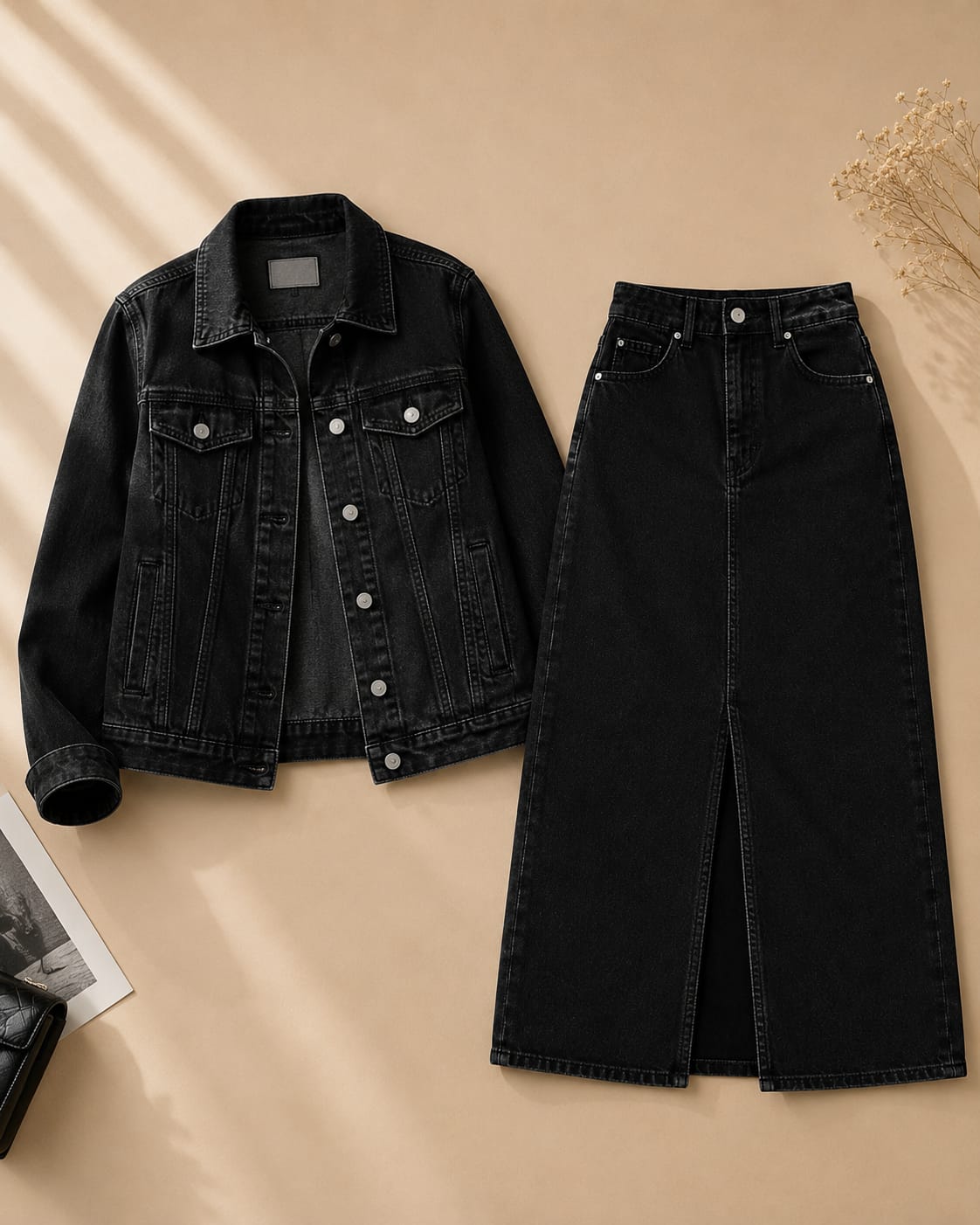 BLACK DENIM JACKET WITH BLACK DENIM SHIRT