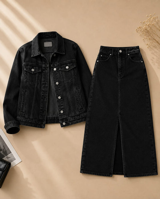 BLACK DENIM JACKET WITH BLACK DENIM SHIRT