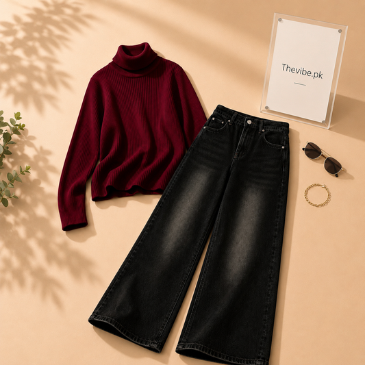 MAROON RIBKNIT HIGH NACK WITH MALAYSIAN WIDE LEG JEANS