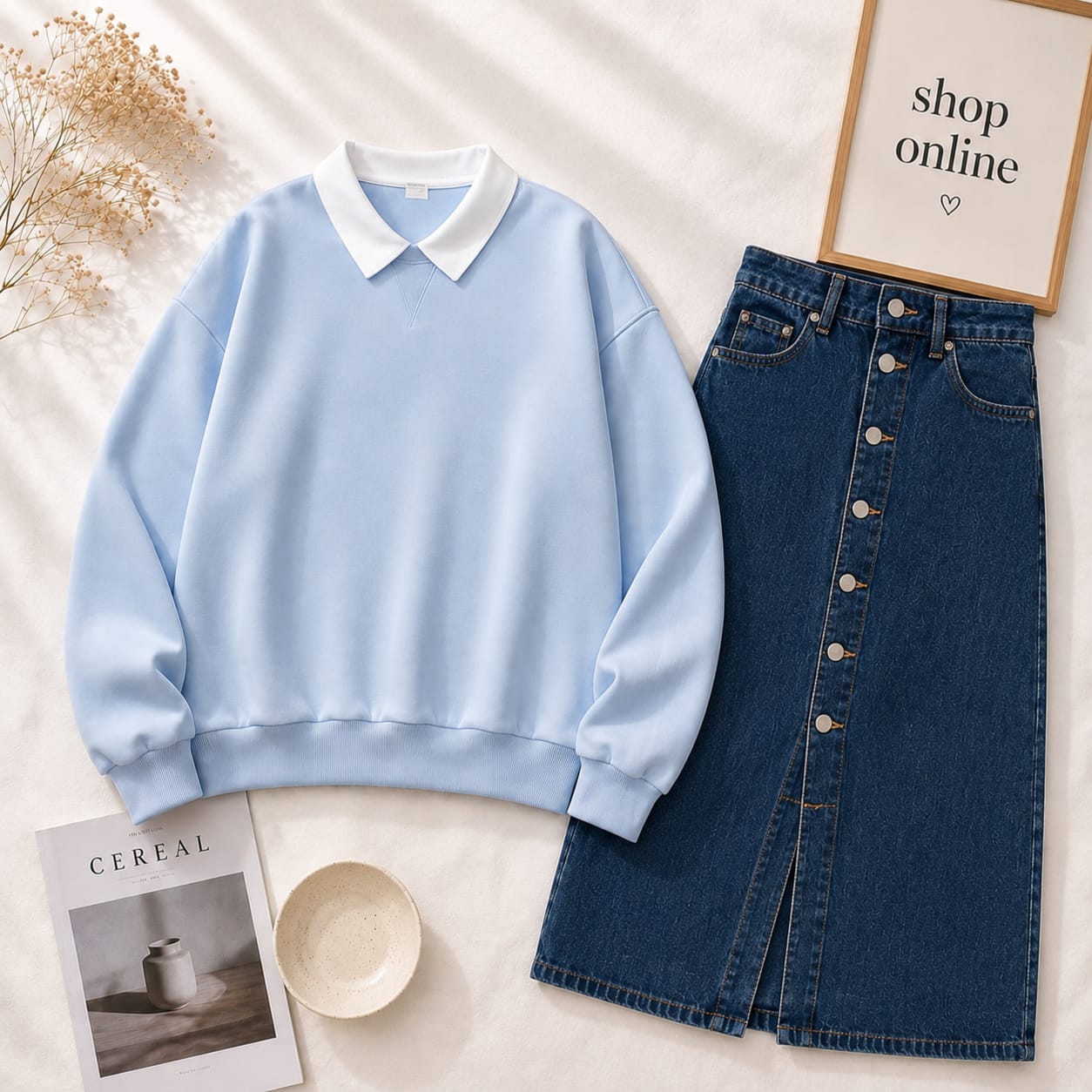 SKY BLUE COLLAR SWEATSHIRT WITH MID BLUE SHIRT