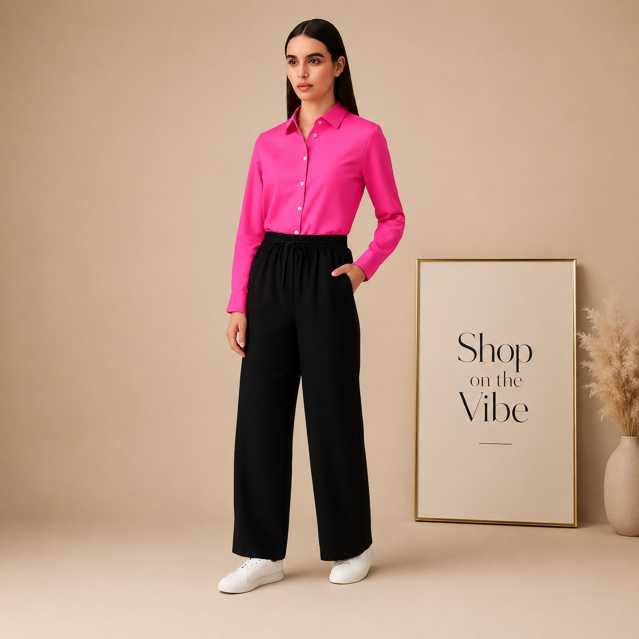 SHOCKING PINK BUTTON DOWN SHIRT WITH BLACK FLAPPER