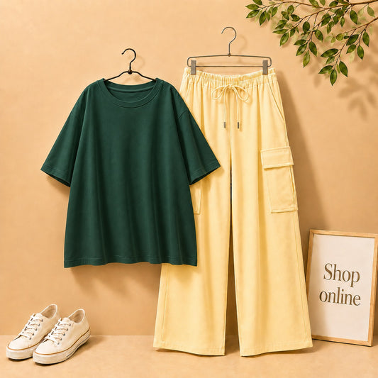 BOTTLE GREEN DROP SHOULDER TEE SHIRT WITH BEIGE CARGO TROUSER