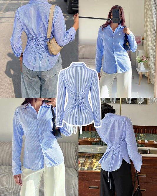 SKY BLUE N WHITE CORSET LACE-UP BACK STRIPE SHIRT
