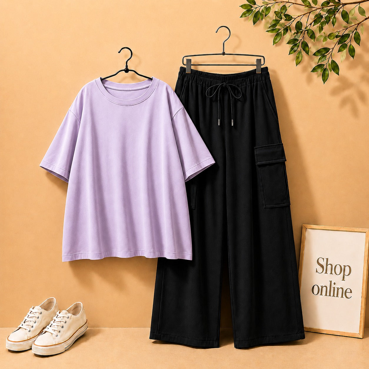 LILAC DROP SHOULDER TEE SHIRT WITH BLACK CARGO TROUSER