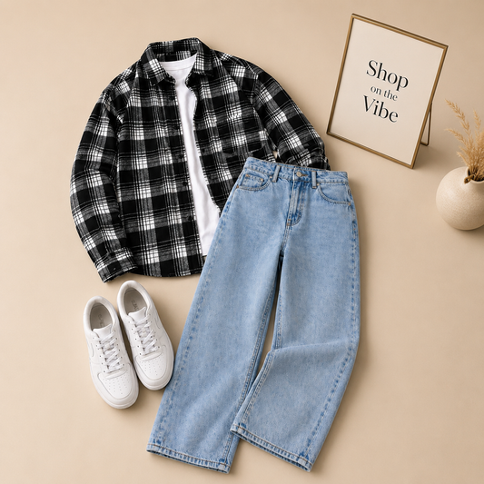 BLACK CHECK SHIRT WHITE INNER T-SHIRTS WITH SKY BLUE WIDE LEG JEANS (3Pcs)