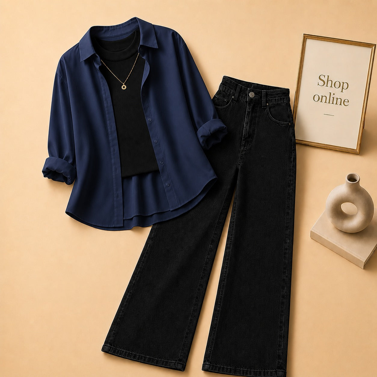 NAVY BLUE  BUTTON DOWN SHIRT WITH BLACK TANK TOP BLACK WIDE LEG JEANS (3Pcs)