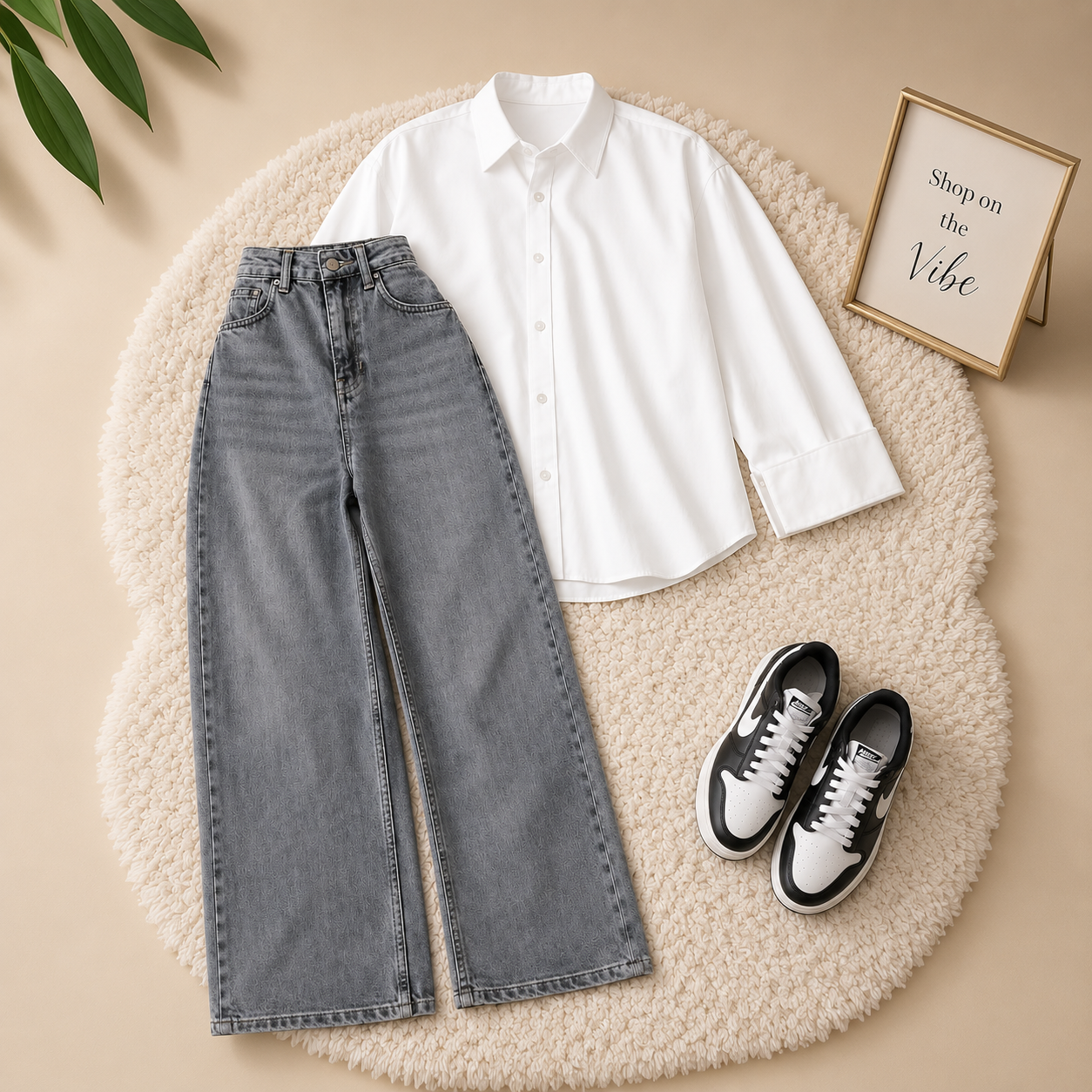 WHITE BROWN BUTTON DOWN SHIRT WITH CHARCOAL WIDE LAG JEANS