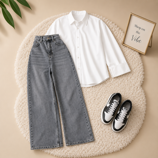 WHITE BROWN BUTTON DOWN SHIRT WITH CHARCOAL WIDE LAG JEANS