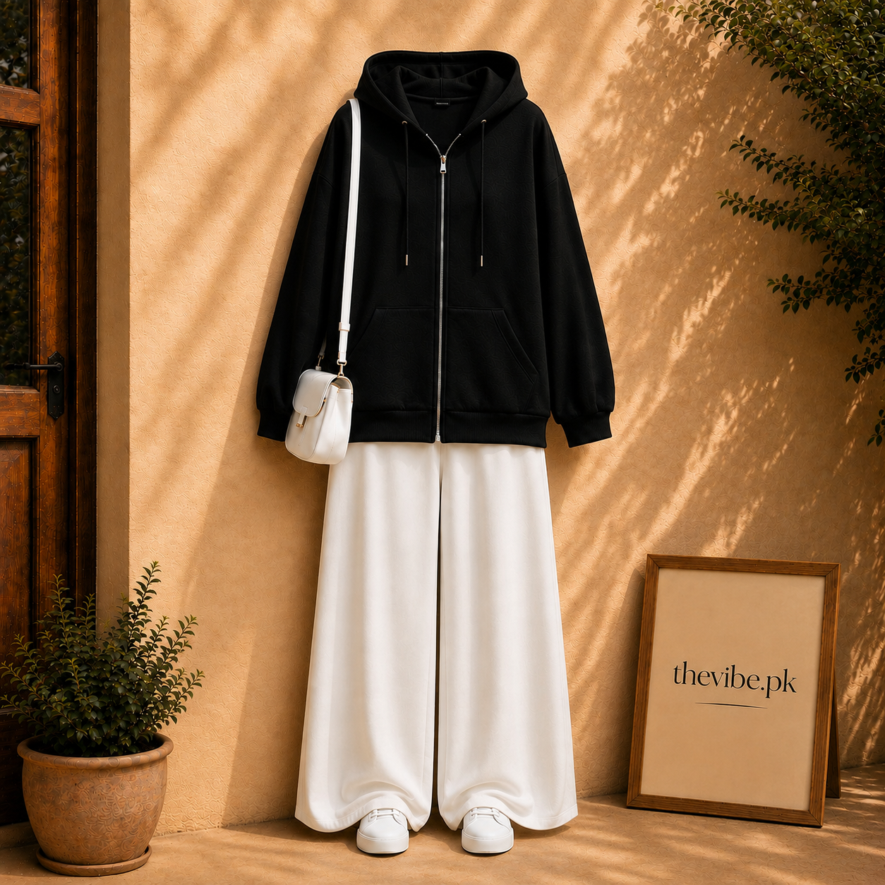 BLACK ZIP HOODIE WITH WHITE FLAPPER