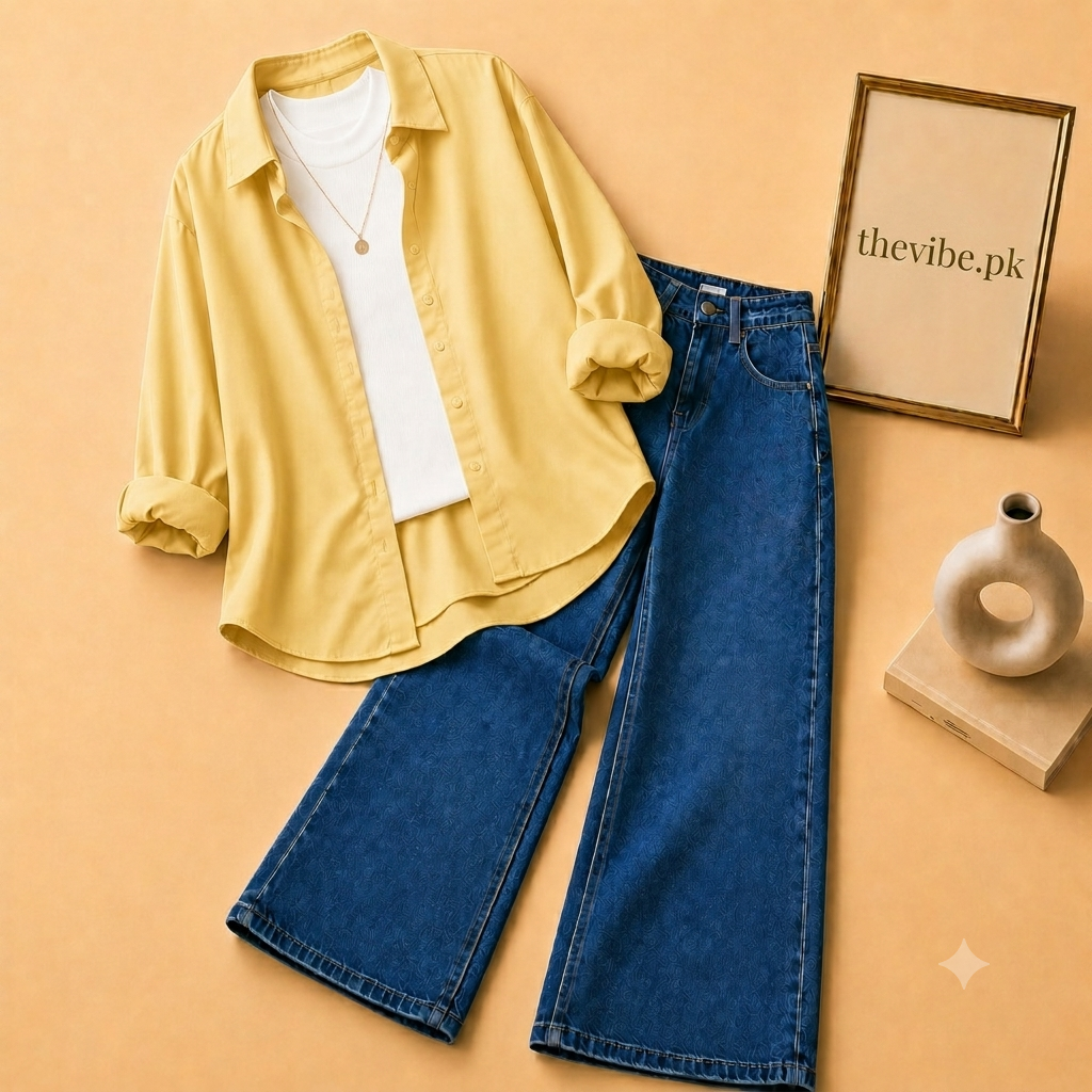 YELLOW BUTTON DOWN SHIRT  WITH WHITE TANK TOP MID  BLUE WIDE LEG JEANS (3Pcs)