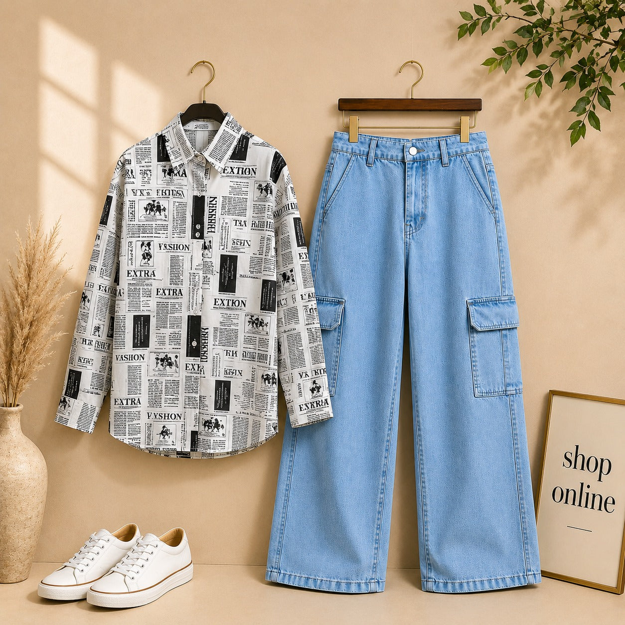 NEWS PAPER  BUTTON SHIRT WITH SKY BLUE CARGO JEANS
