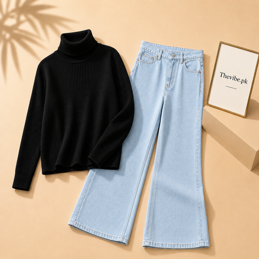 BLACK RIBKNIT HIGH NACK WITH ICE BLUE WIDE LEG JEANS