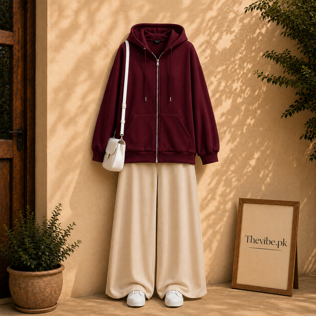 MAROON ZIP HOODIE WITH BEIGE FLAPPER