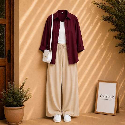 MAROON BUTTON DOWN SHIRT WITH WHITE TANK TOP AND BEIGE FLAPPER