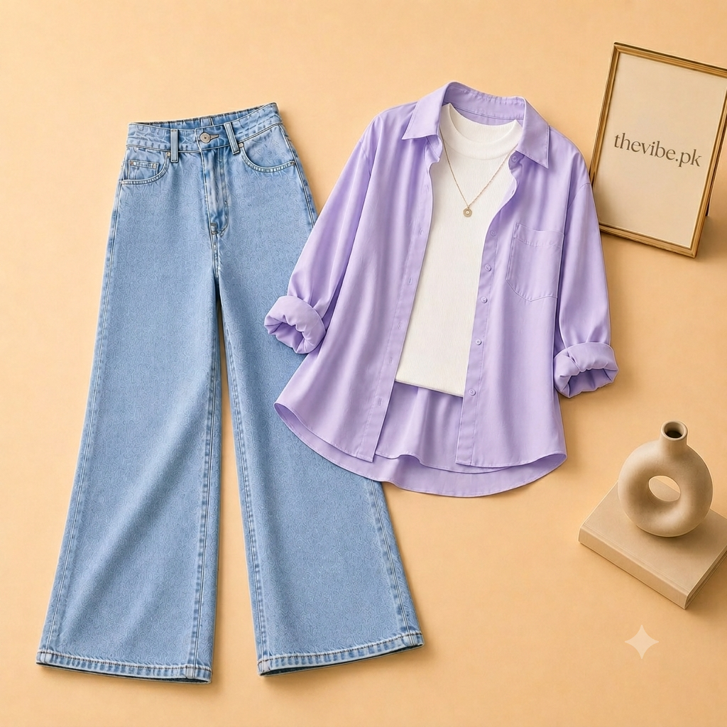 LILAC BUTTON DOWN SHIRT  WITH WHITE TANK TOP  ICE BLUE WIDE LEG JEANS (3Pcs)