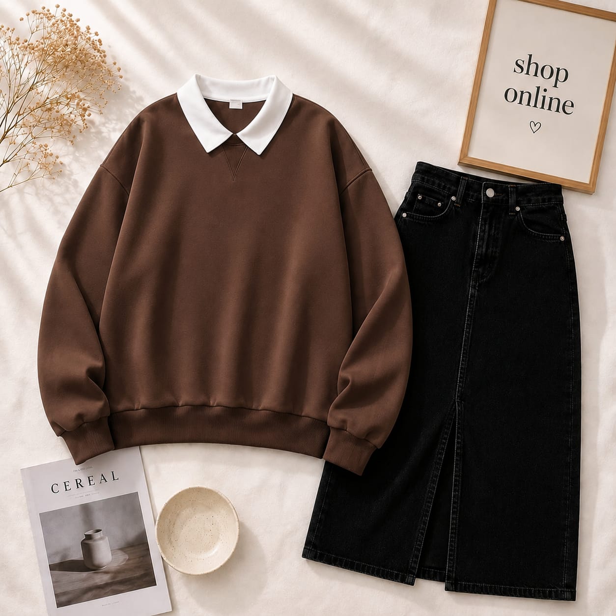 BROWN COLLAR SWEATSHIRT WITH BLACK SHIRT
