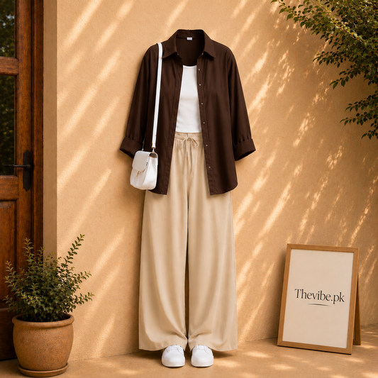 DARK BROWN BUTTON DOWN SHIRT WITE WHITE TANK TOP AND BEIGE FLAPPER