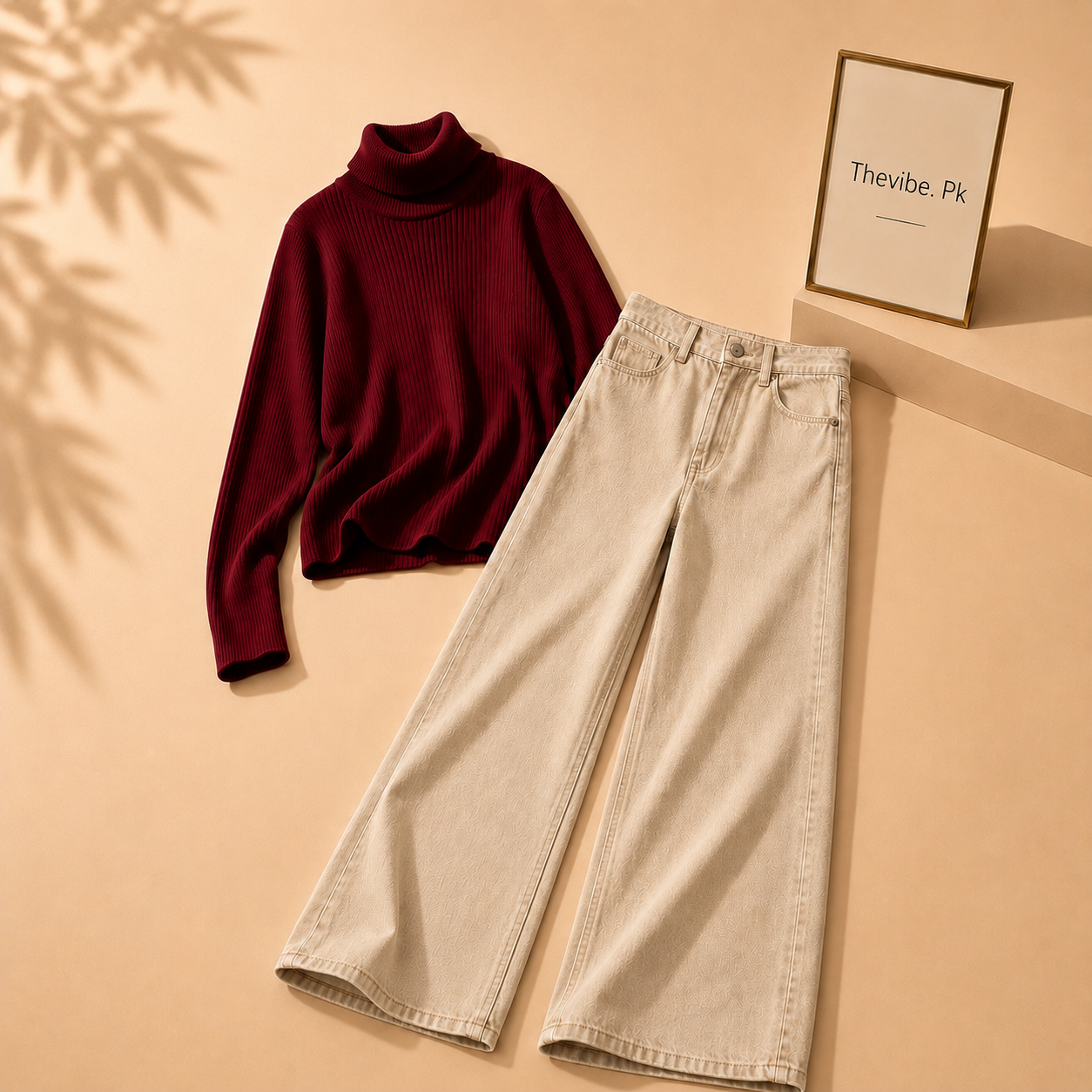MAROON RIBKNIT HIGH NACK WITH BEIGE WIDE LEG JEANS