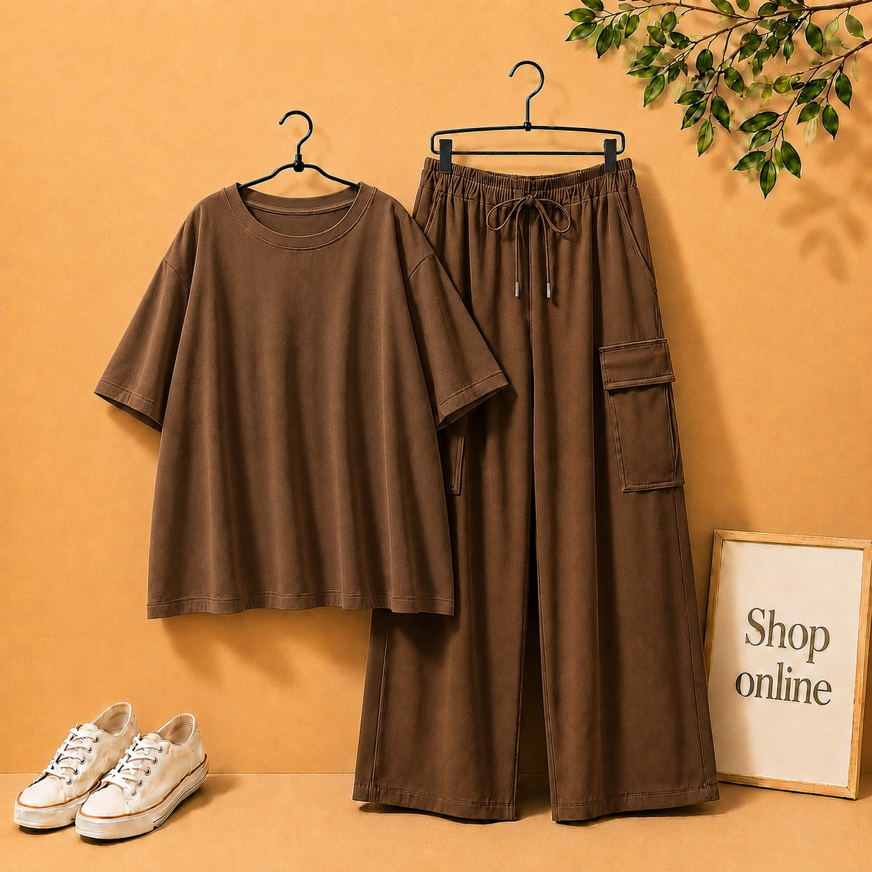 DARK BROWN DROP SHOULDER TEE SHIRT WITH DARK BROWN CARGO TROUSER