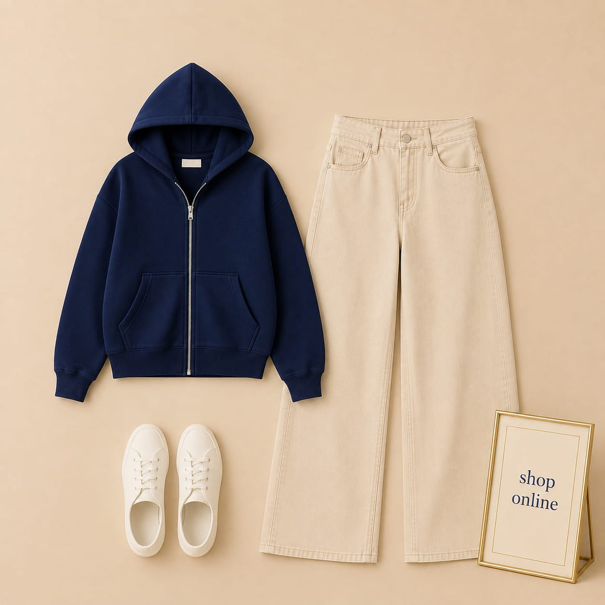 NAVY BLUE ZIP HOODIE WITH BEIGE WIDE LEG JEANS
