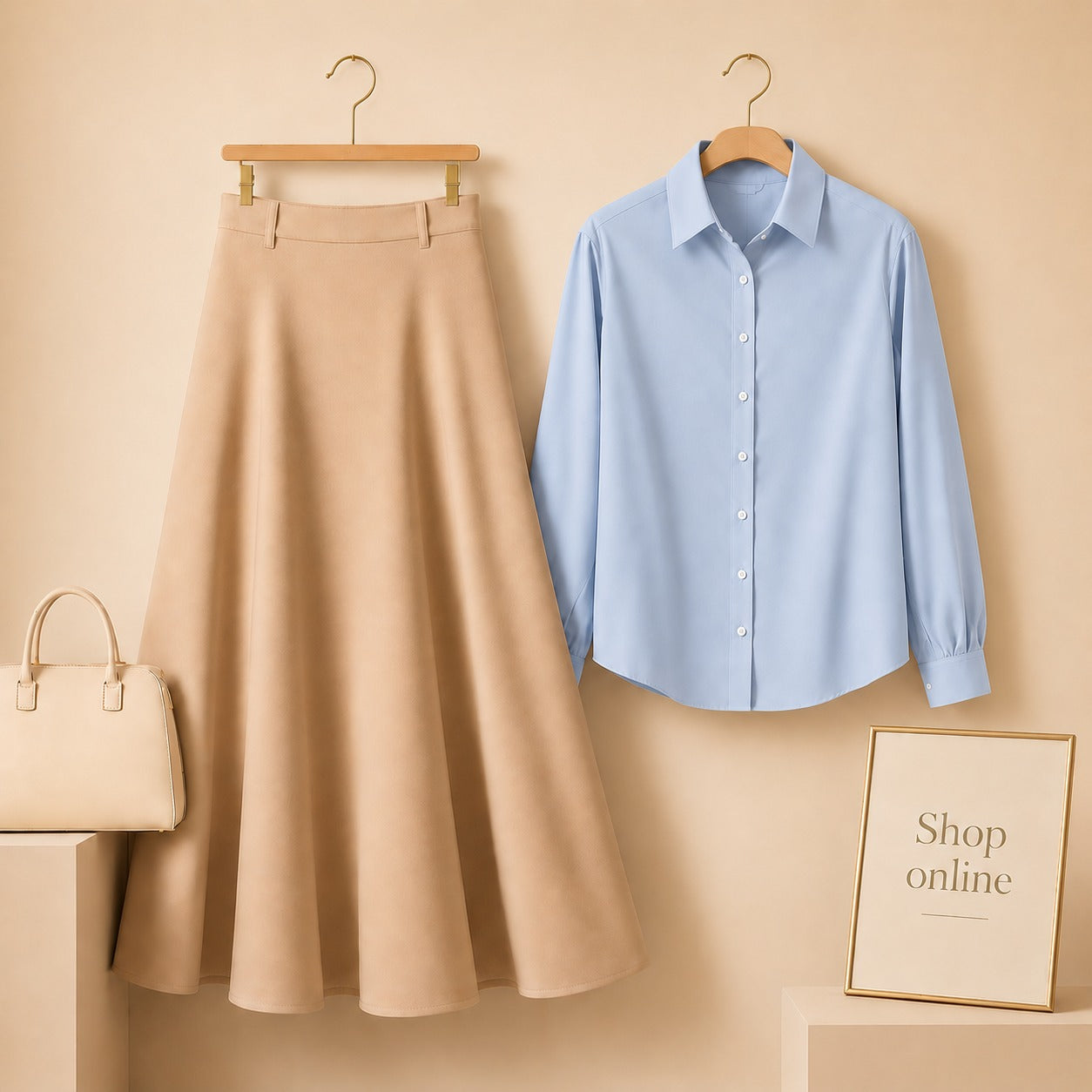 SKY BLUE BUTTON DOWN WITH BEIGE COTTON TWILL SKIRT