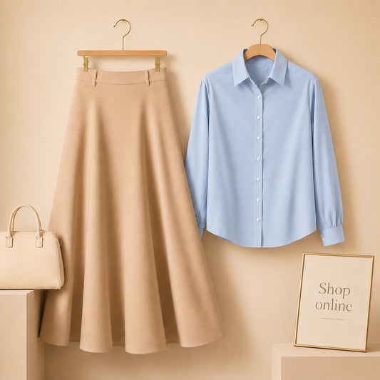 SKY BLUE BUTTON DOWN WITH BEIGE COTTON TWILL SKIRT