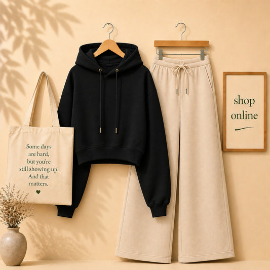BASIC BLACK CROP HOOD WITH BEIGE FLAPPER