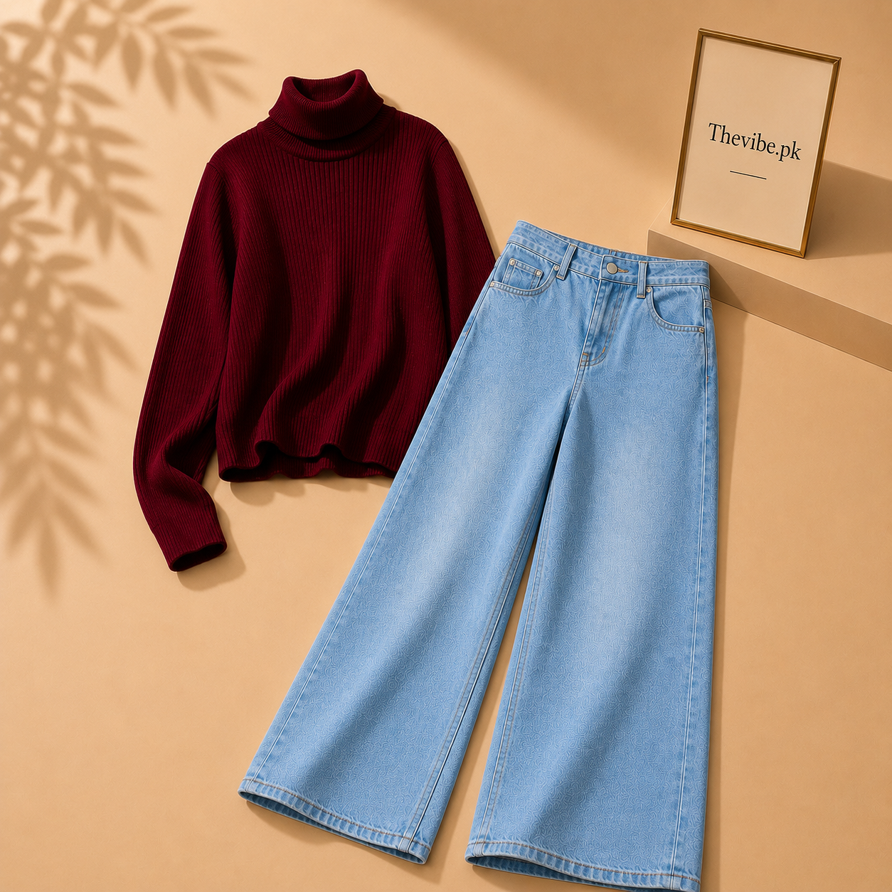 MAROON RIBKNIT HIGH NACK WITH SKY BLUE WIDE LEG JEANS