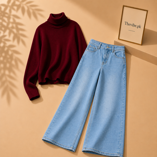 MAROON RIBKNIT HIGH NACK WITH SKY BLUE WIDE LEG JEANS