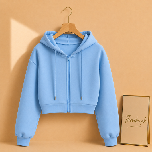 BASIC SKY BLUE CROP ZIPPER HOOD